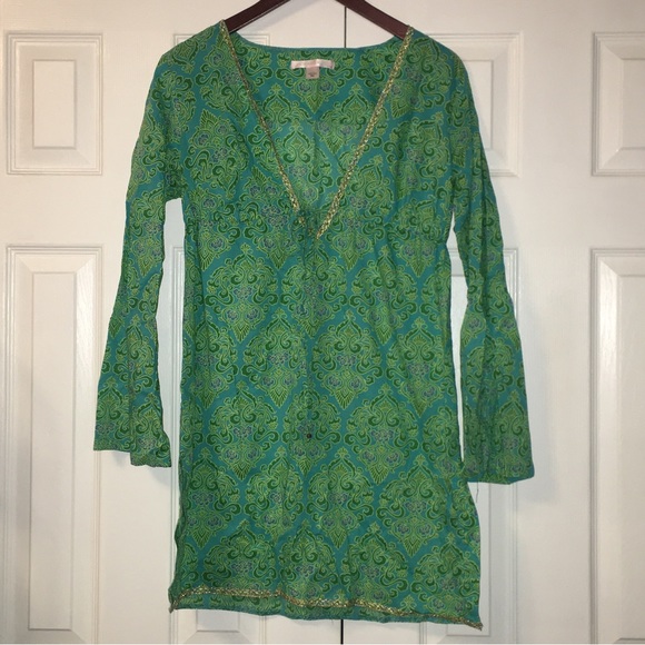 Victorias Secret Green and Gold Trim Paisley Caftan Tunic - Picture 2 of 10